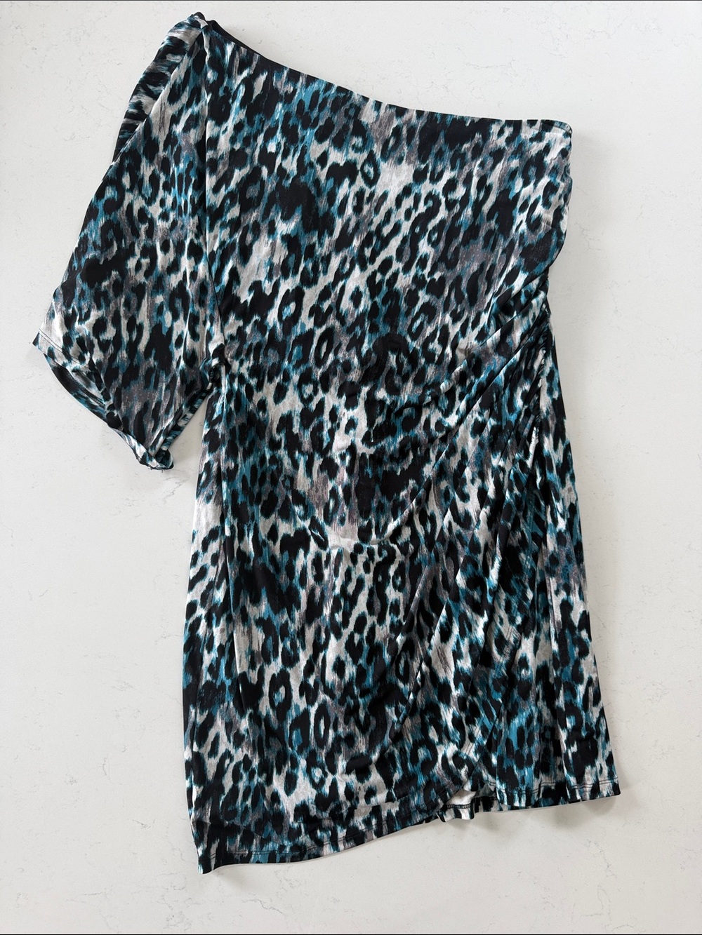 Valerie Bertinelli Teal Black Gray One-Shoulder Animal Print Dress